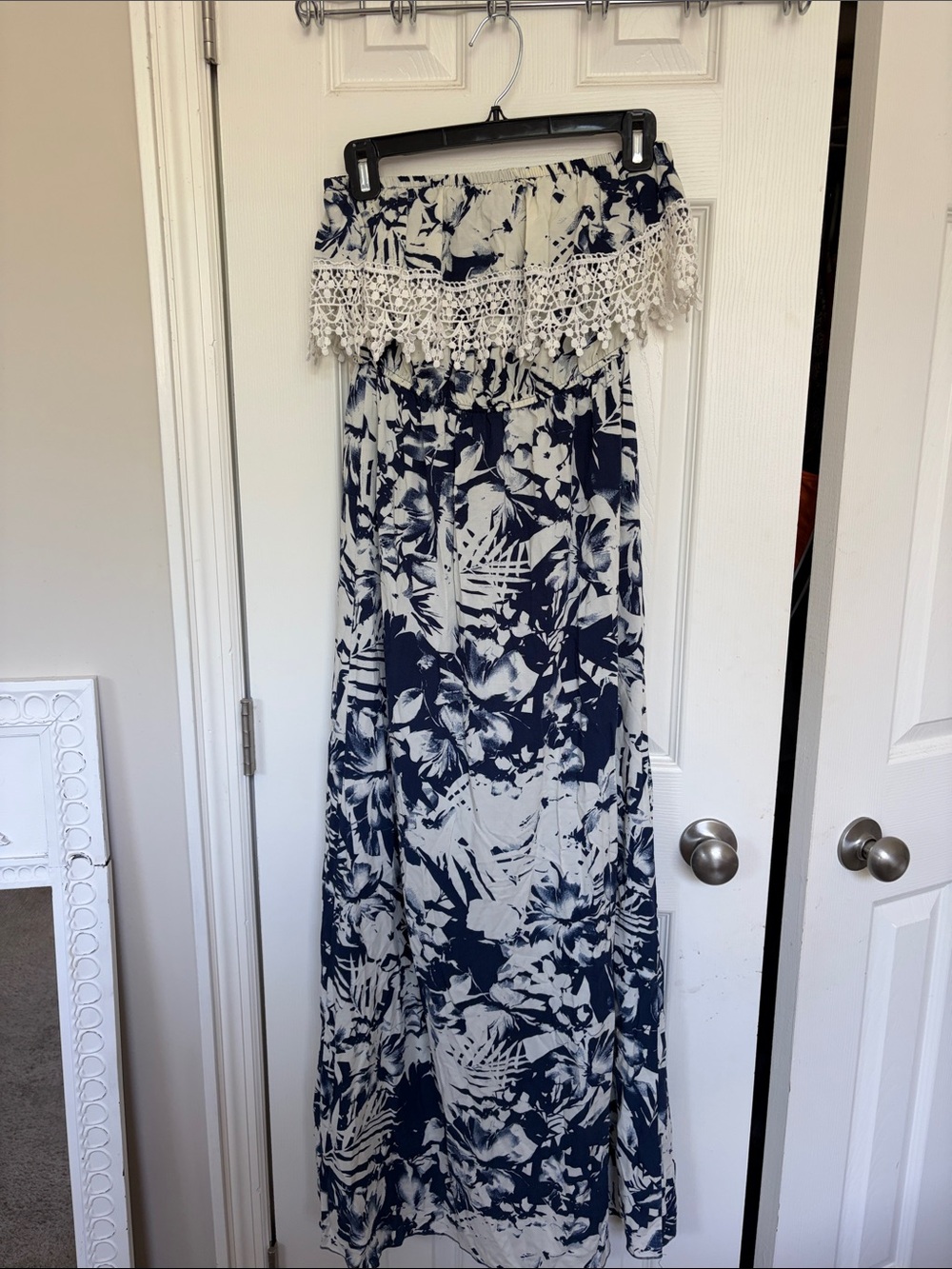 Charlotte Russe Navy and White Floral Maxi Dress with Crochet Trim